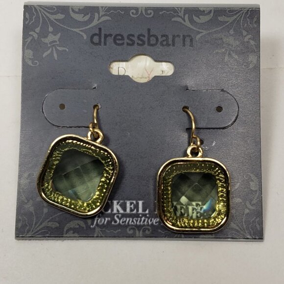 2/$30 Gold tone & Light Green Stone Square Drop 1-inch Earrings, Women Jewelry - Picture 1 of 8
